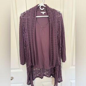 Cabi Style No. 719 Heather Purple Crochet Knit Open Cardigan Sweater & Tank med